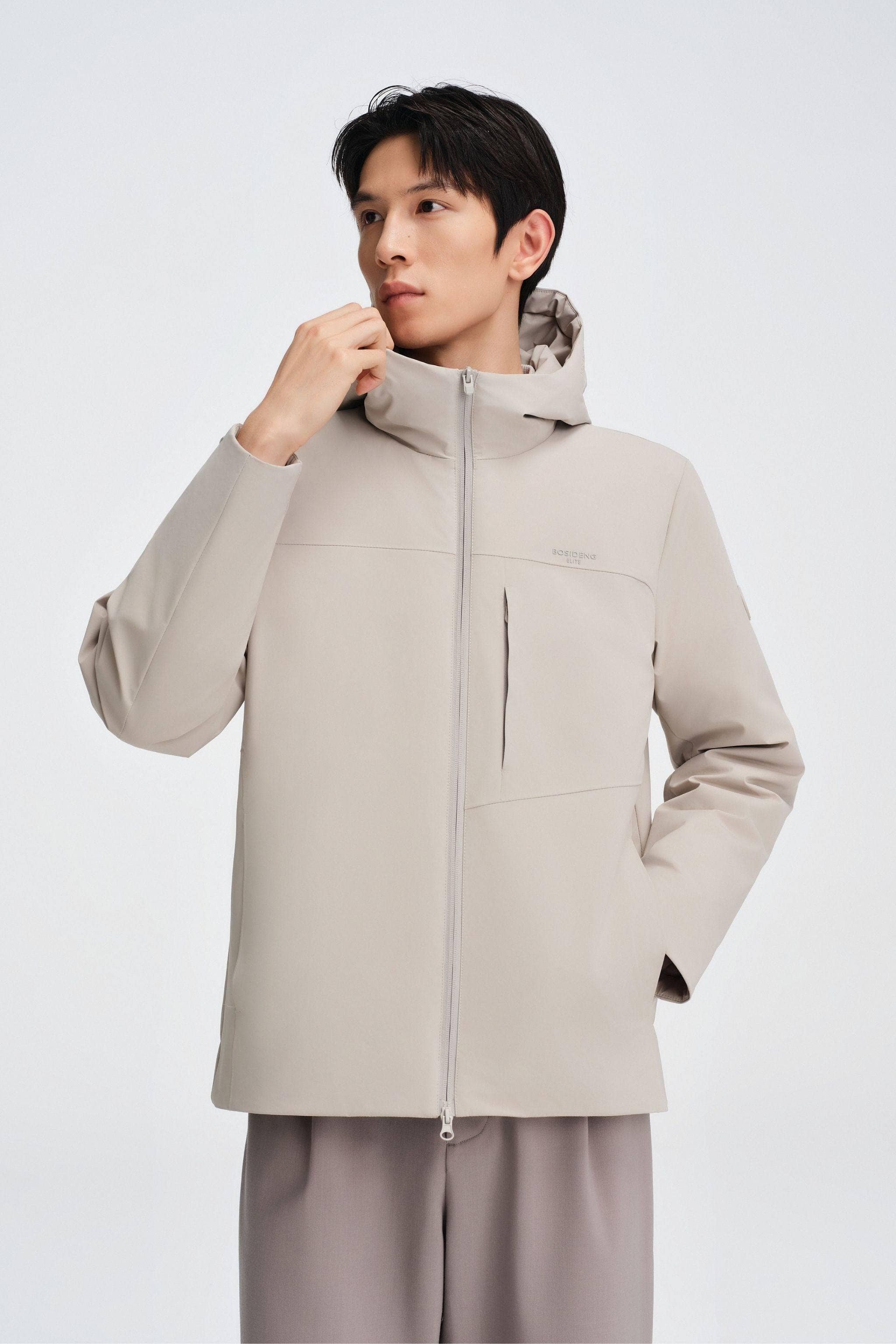 Men's Short Length Goose Down Business Jacket With Hood