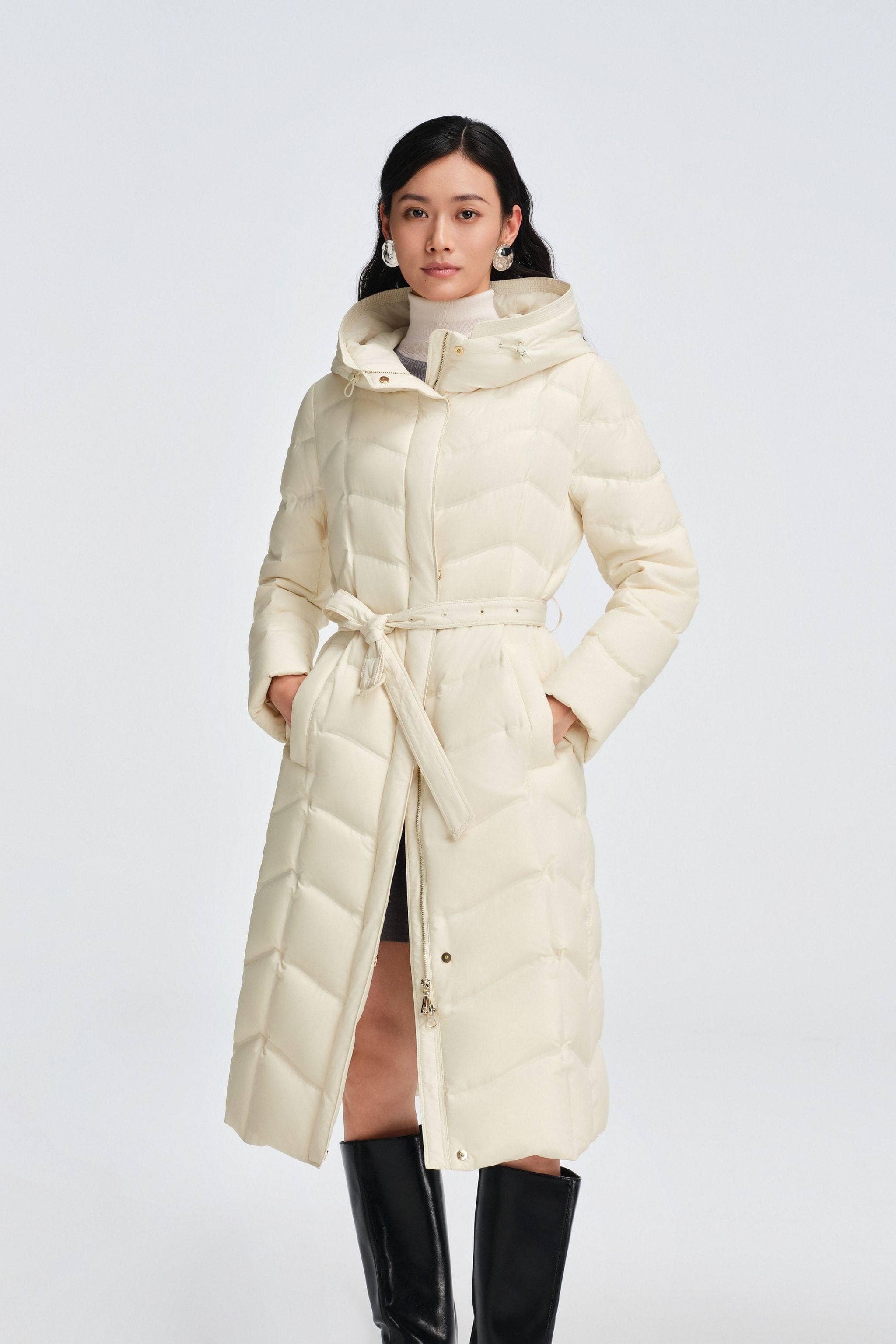 Women's Full Length Goose Down Business Jacket With Belt