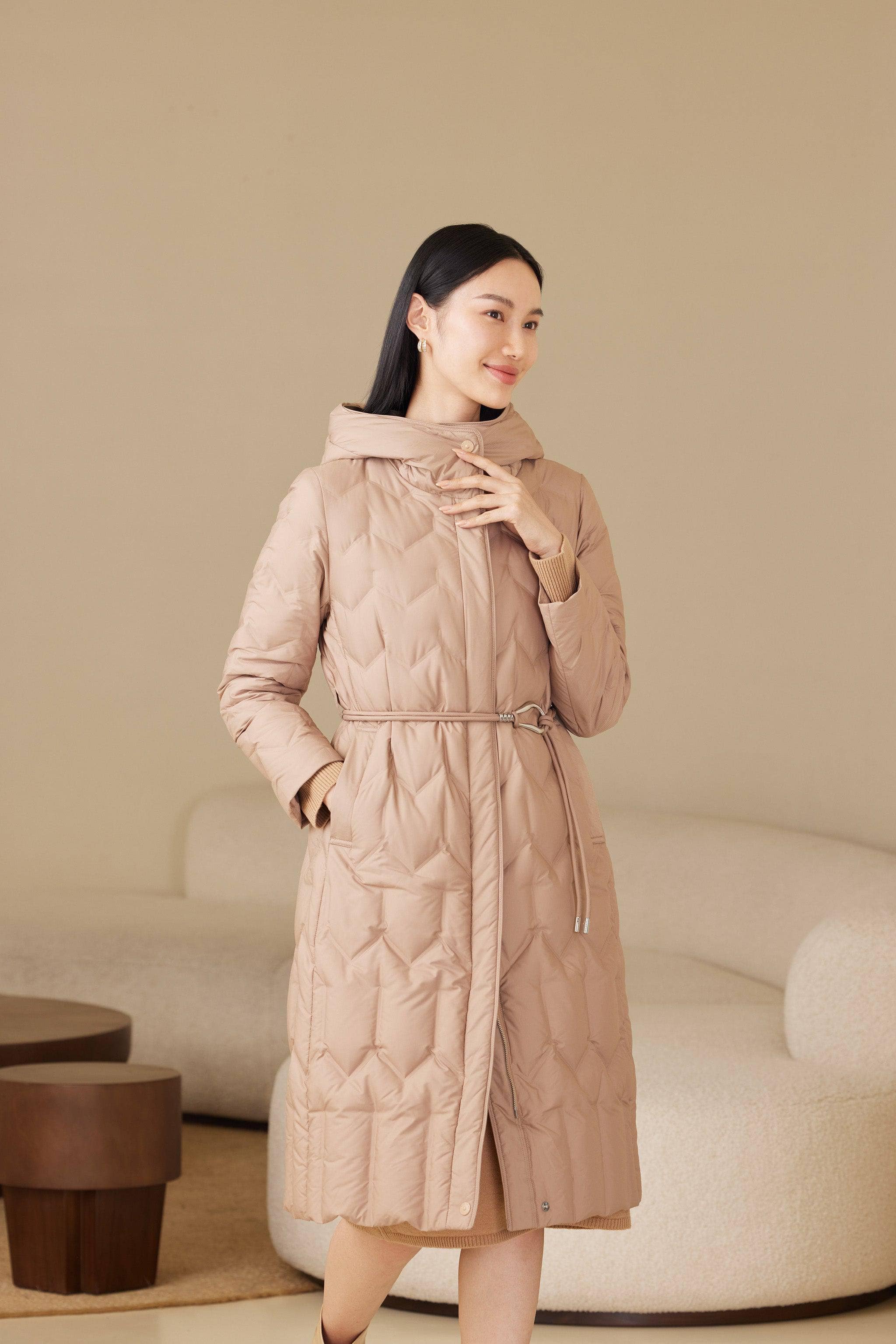 Women's Long Hooded Goose Down Jacket With Belt 4172 - Image 11