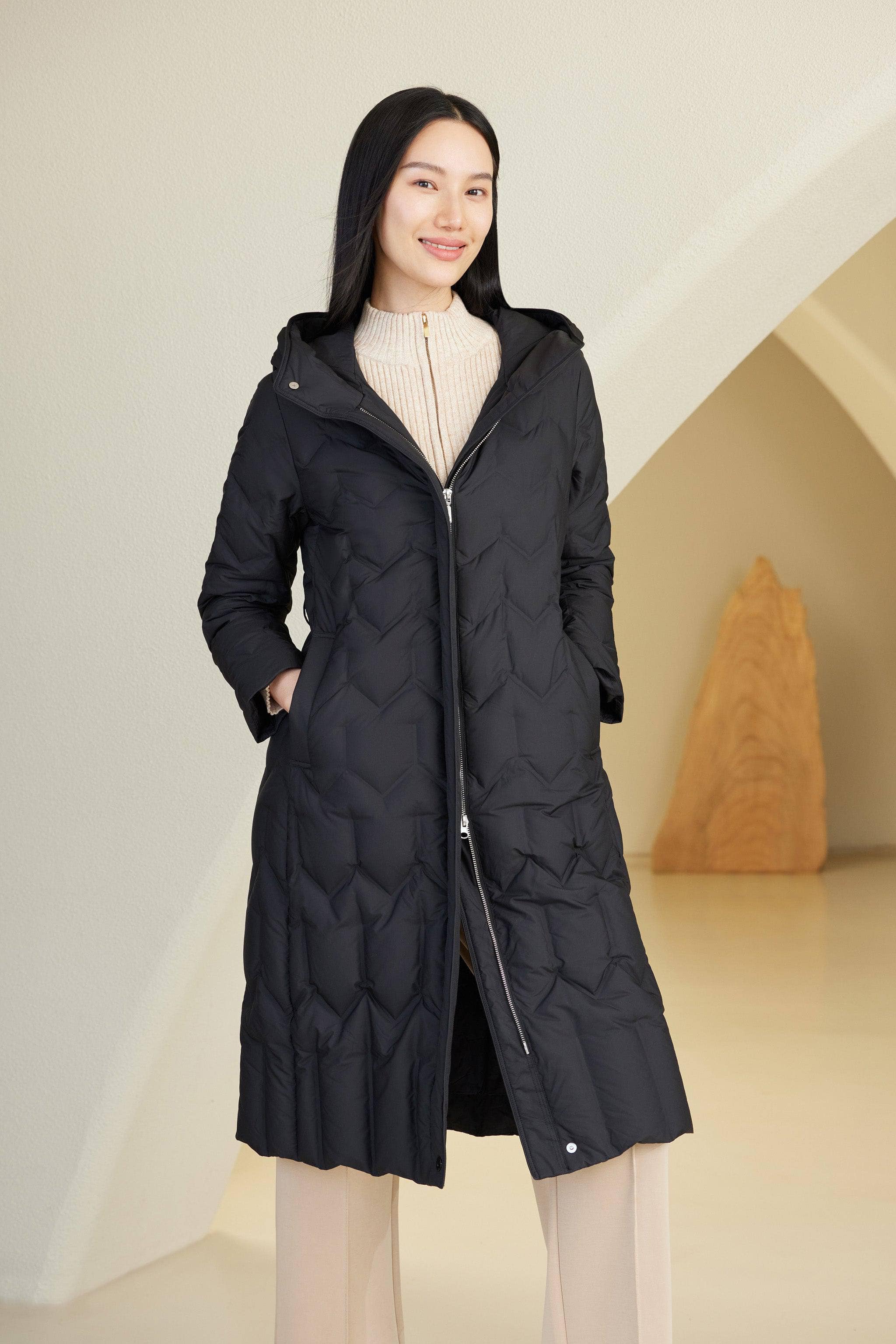 Women's Long Hooded Goose Down Jacket With Belt 4172 - Image 7