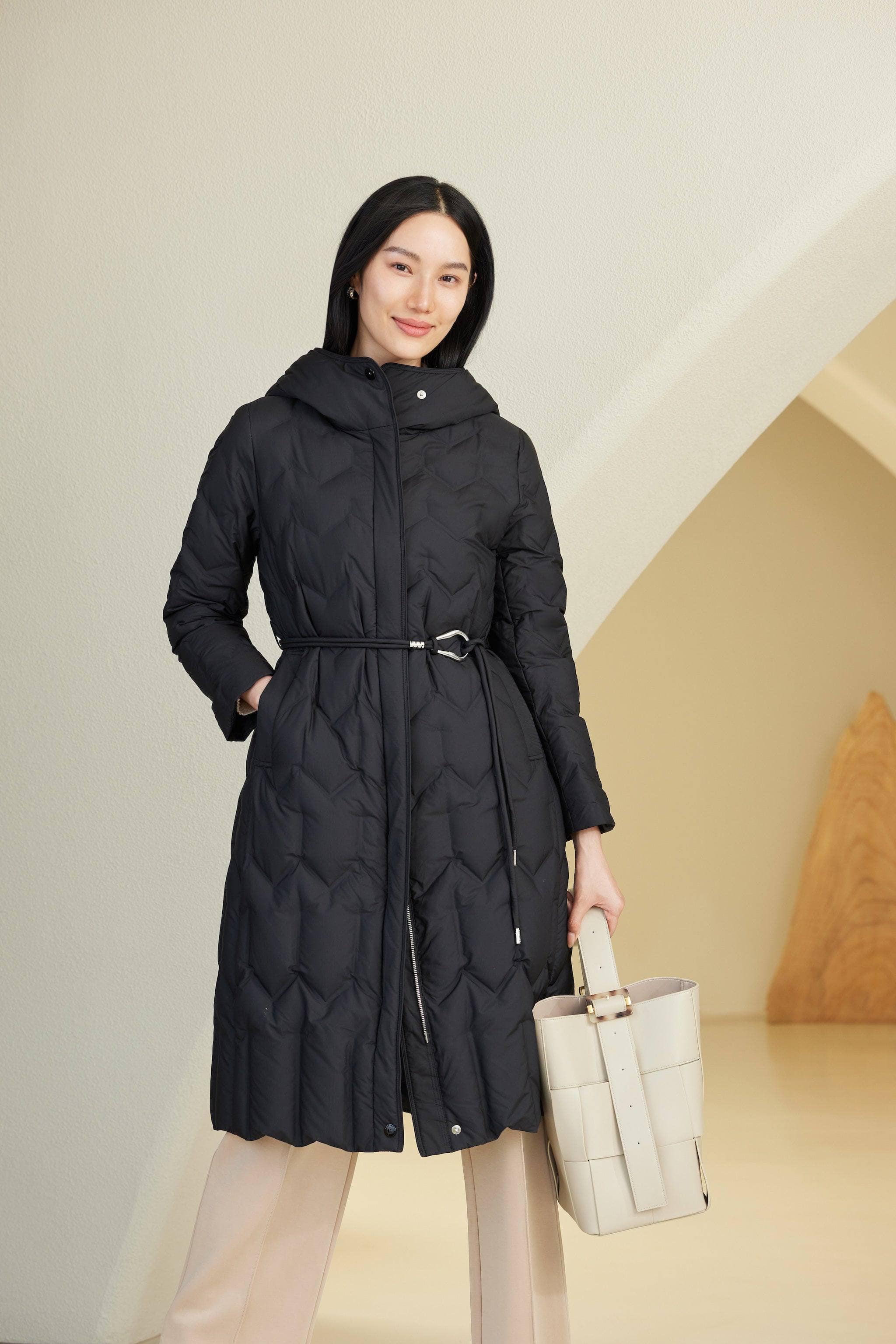 Women's Long Hooded Goose Down Jacket With Belt 4172 - Image 8