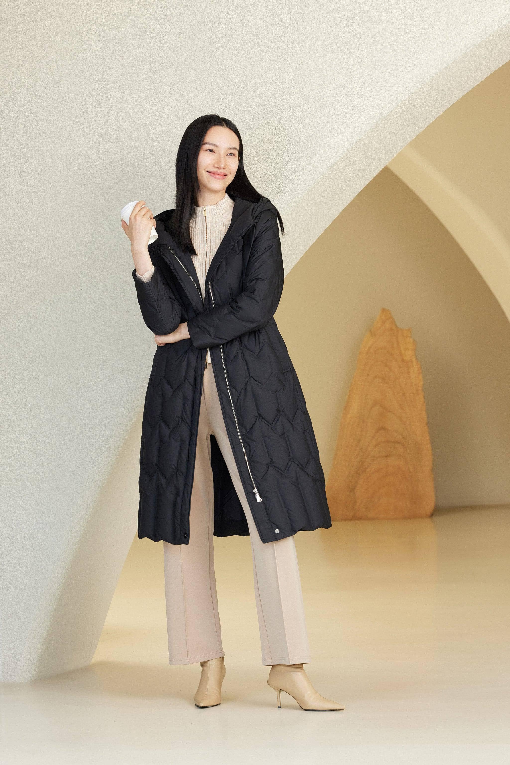 Women's Long Hooded Goose Down Jacket With Belt 4172 - Image 9